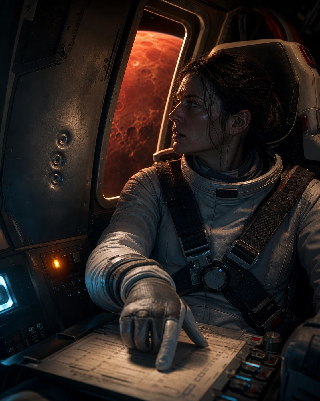 A passenger turns toward three unexplained marks in the spacecraft hull
