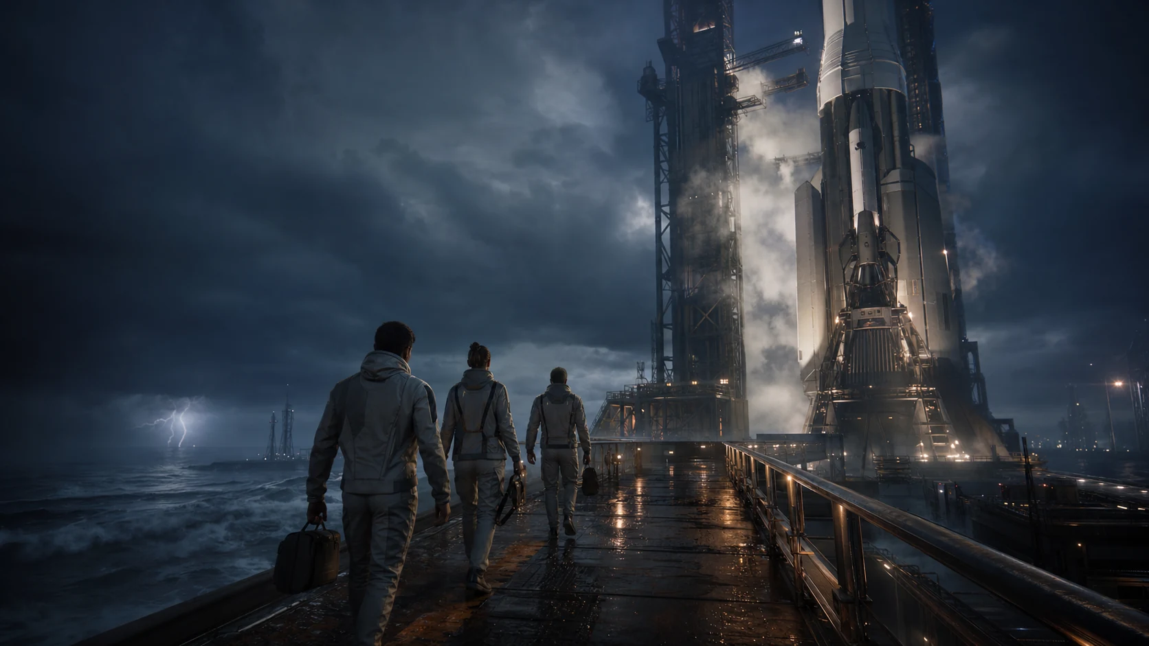 Civilian passengers approach a rocket at a stormy coastal launch complex