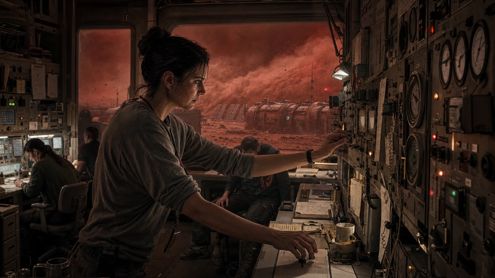 A duty officer works through a systems failure inside a Mars surface station